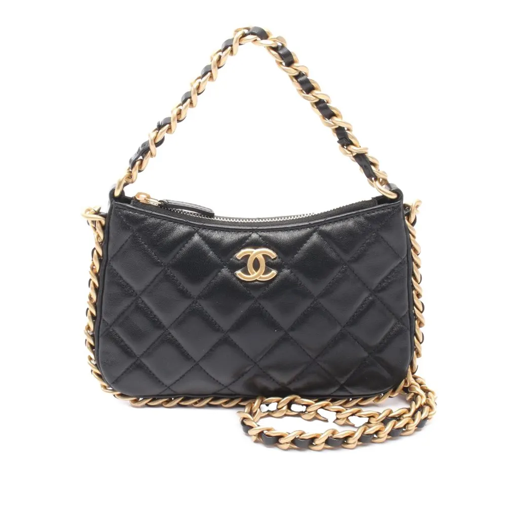 Chanel Quilted Lambskin Chain Around Hobo Black Leather Good - Front View