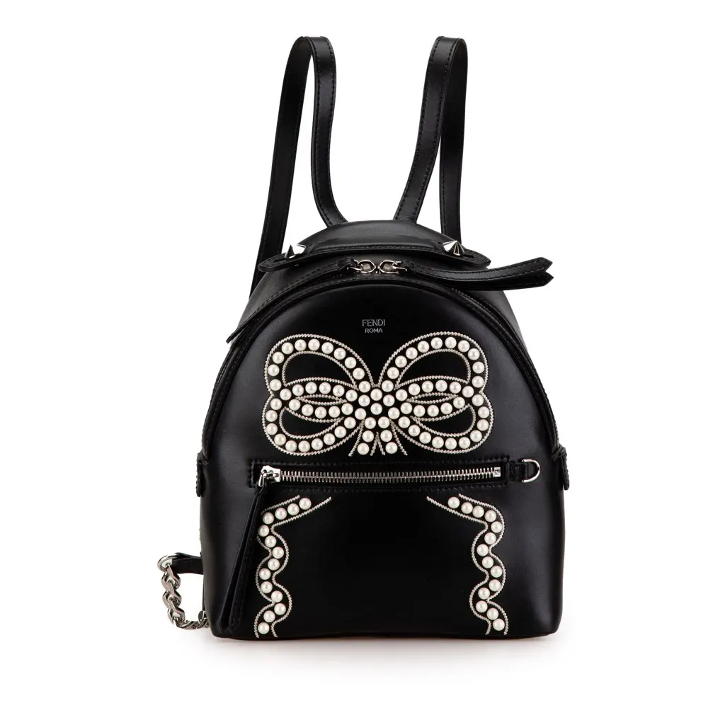 Fendi Mini By The Way Leather Ribbon Pearl Backpack Black Leather Very good - Front View