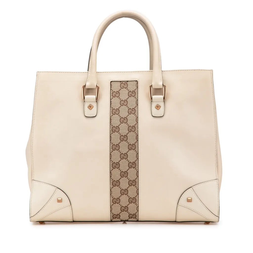 Gucci Calfskin and GG Canvas Nailhead Tote White Leather Good - Front View