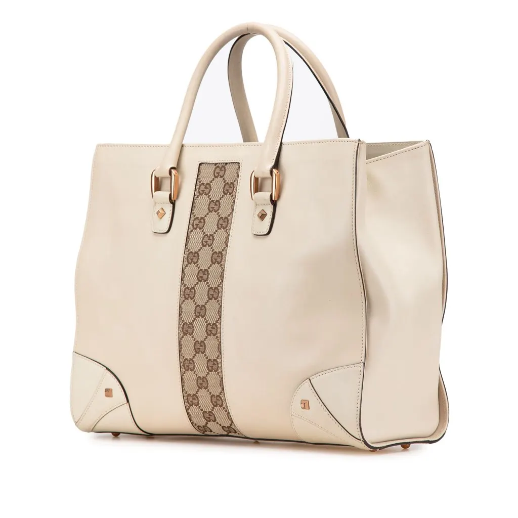 Gucci Calfskin and GG Canvas Nailhead Tote White Leather Good - Back View