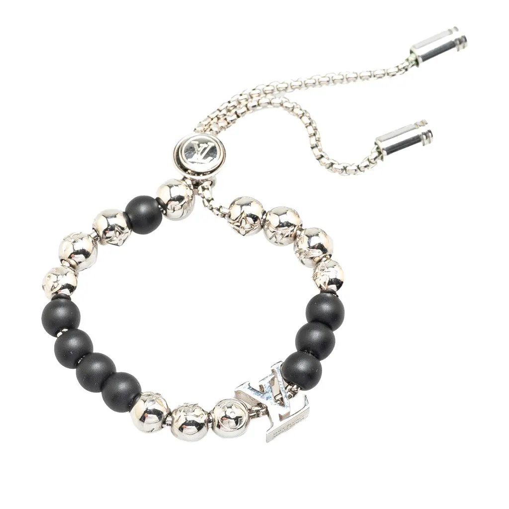Louis Vuitton Silver Monogram Beads Bracelet Silver Brass Good - Front View