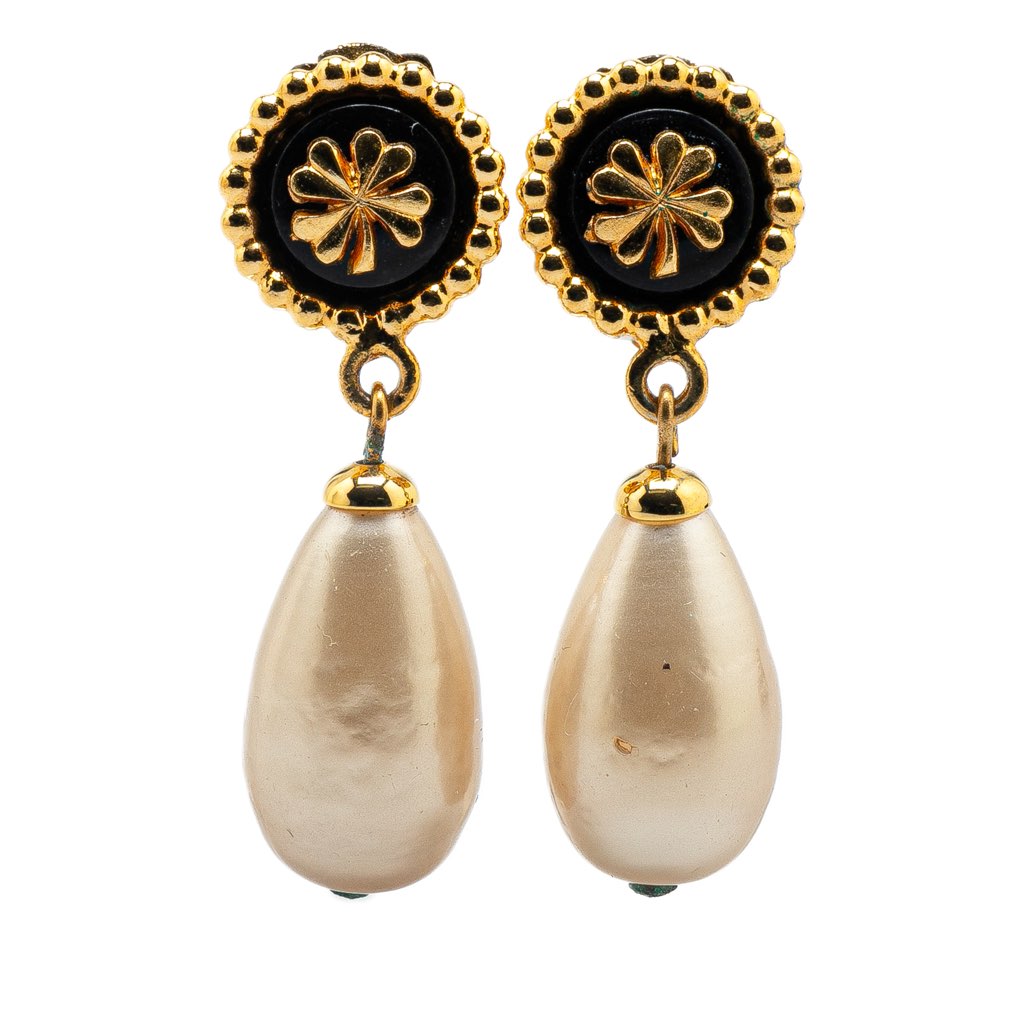 Chanel Gold Plated Clover Faux Pearl Dangling Clip on Earrings