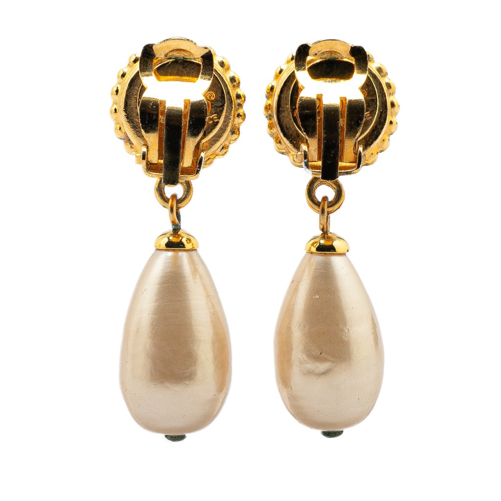 Chanel Gold Plated Clover Faux Pearl Dangling Clip on Earrings - 2