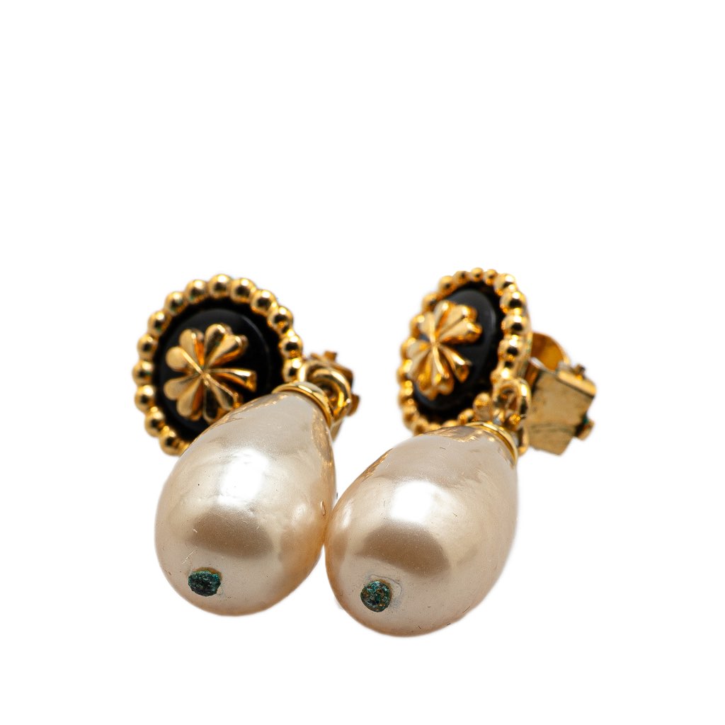 Chanel Gold Plated Clover Faux Pearl Dangling Clip on Earrings - 4