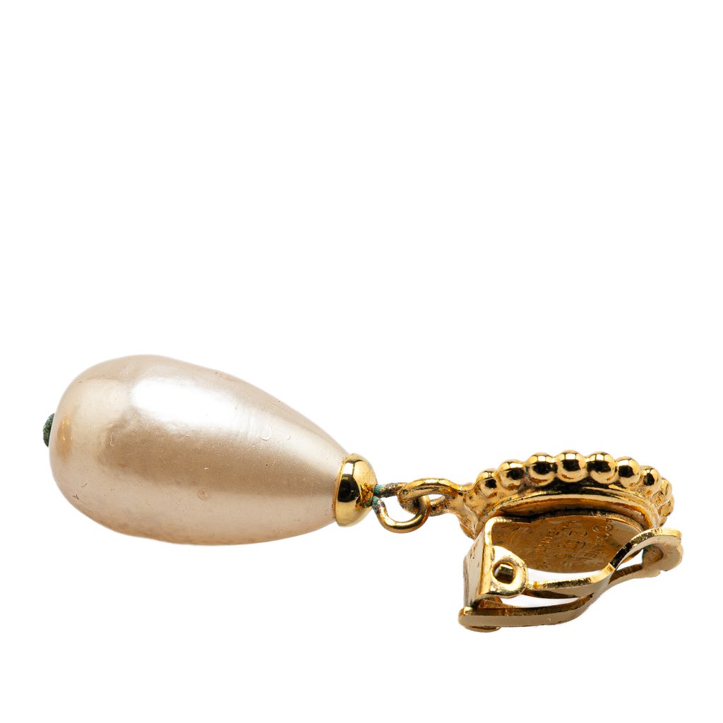 Chanel Gold Plated Clover Faux Pearl Dangling Clip on Earrings - 5