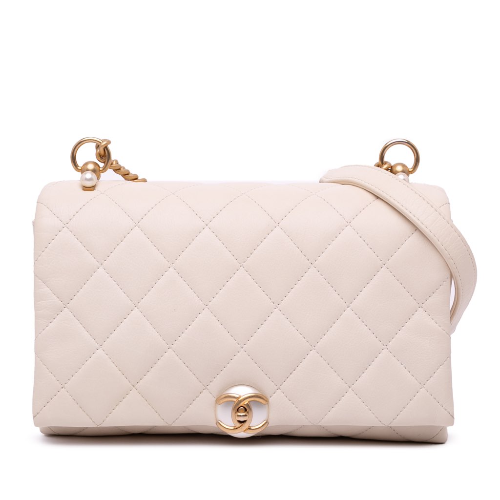 Chanel Quilted Calfskin Pearl CC Accordion Flap