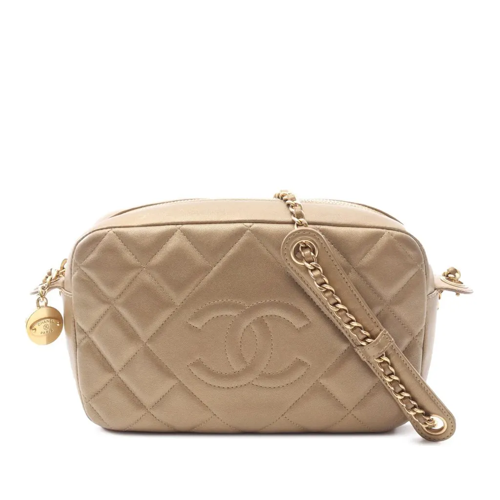 Chanel CC Quilted Lambskin Camera Crossbody Gold Leather Good - Front View