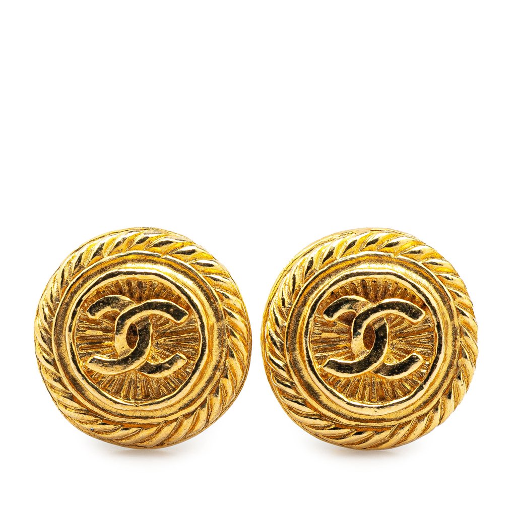 Chanel Gold Plated CC Round Clip on Earrings