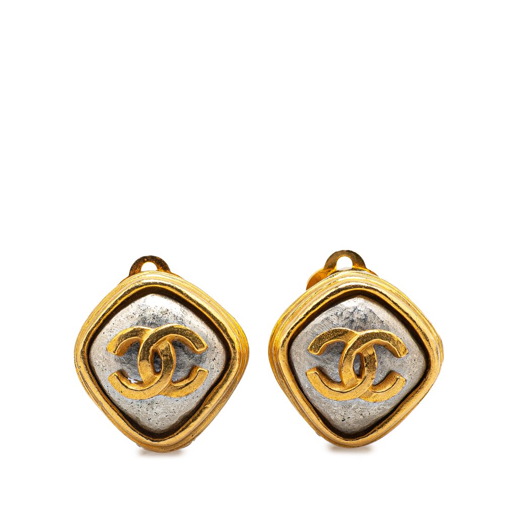 Chanel Gold Plated CC Rhombus Clip on Earrings