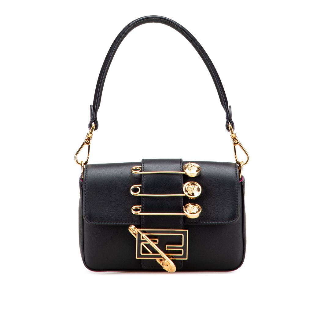 Fendi Versace Vitello Seta Fendace Mini Brooch Baguette Satchel