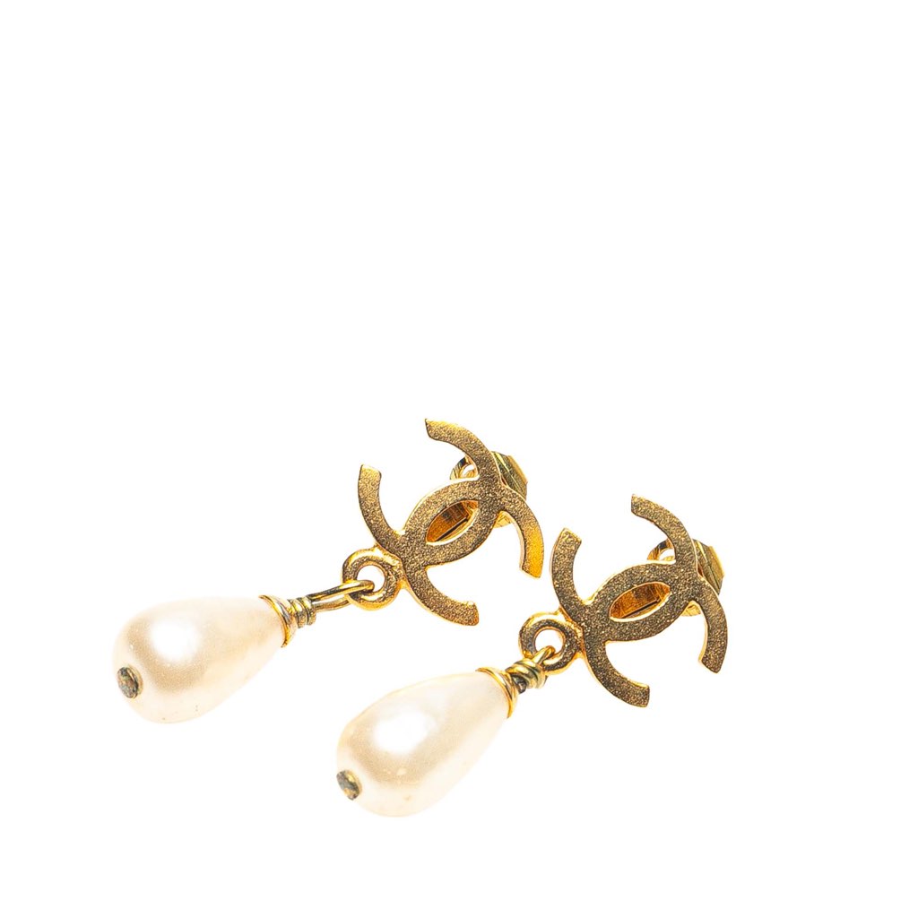Chanel Gold Plated CC Faux Pearl Drop Clip on Earrings