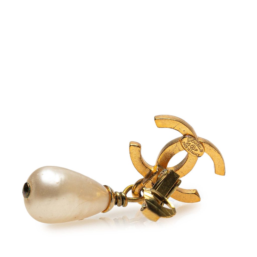 Chanel Gold Plated CC Faux Pearl Drop Clip on Earrings - Image 6
