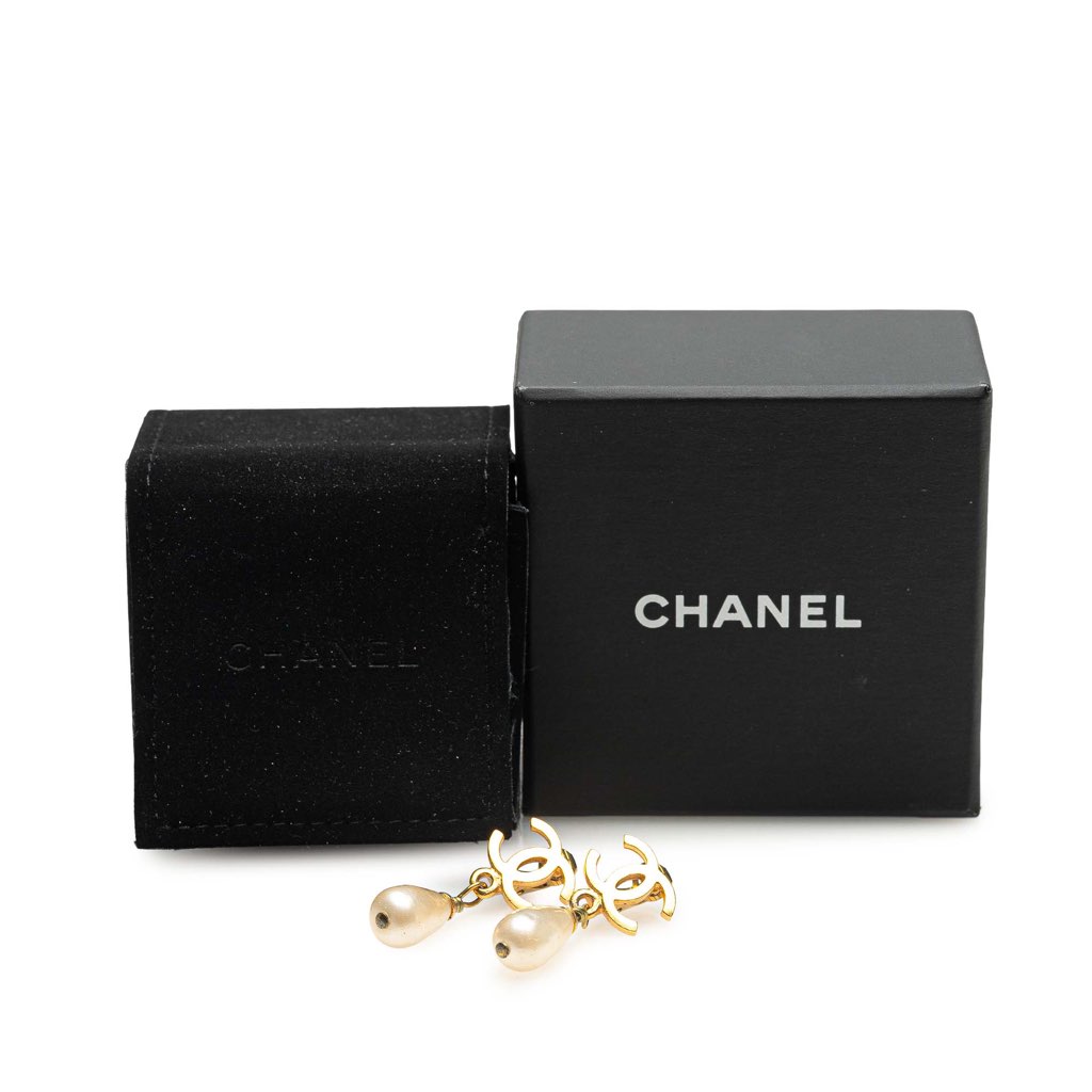 Chanel Gold Plated CC Faux Pearl Drop Clip on Earrings - 4