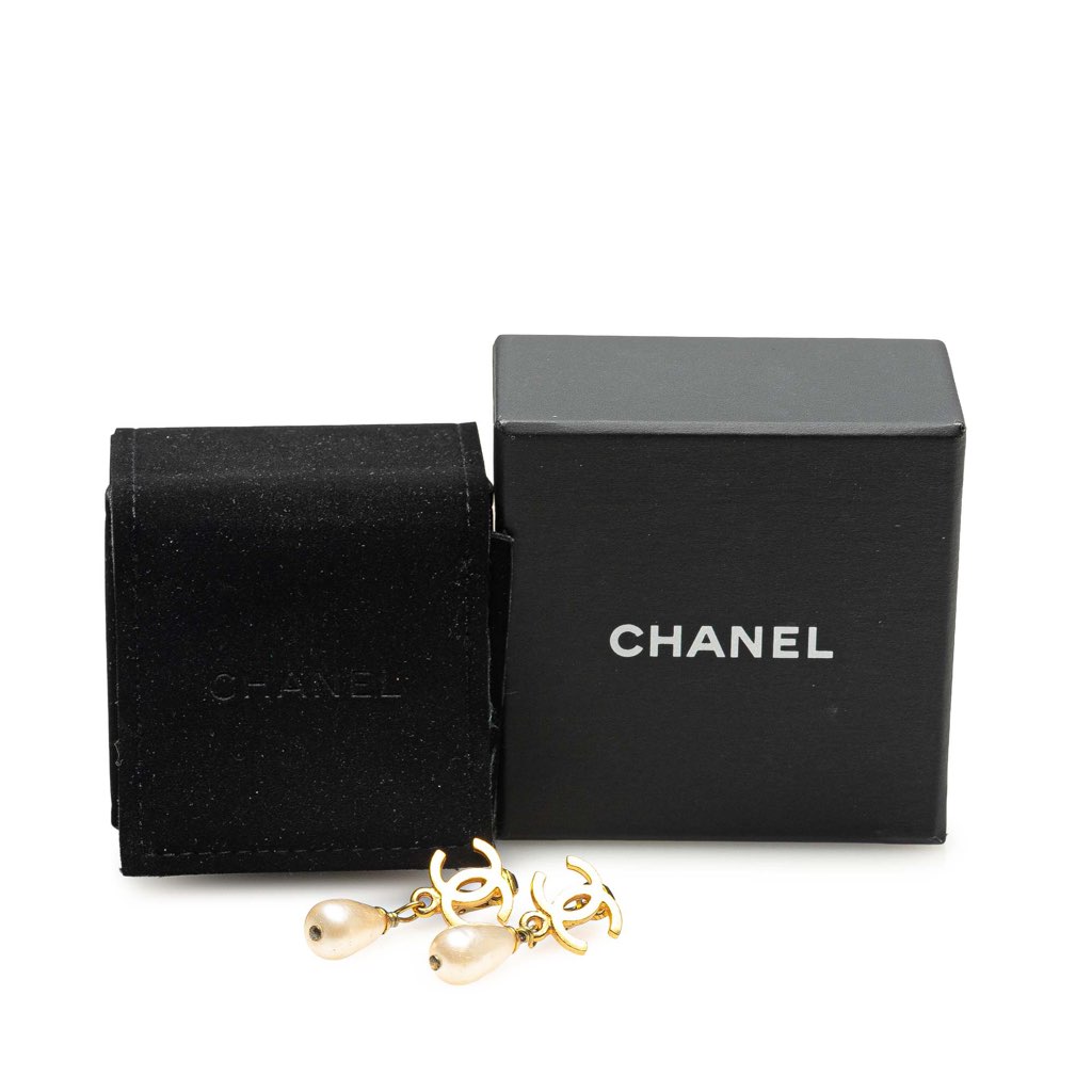Chanel Gold Plated CC Faux Pearl Drop Clip on Earrings - Side view