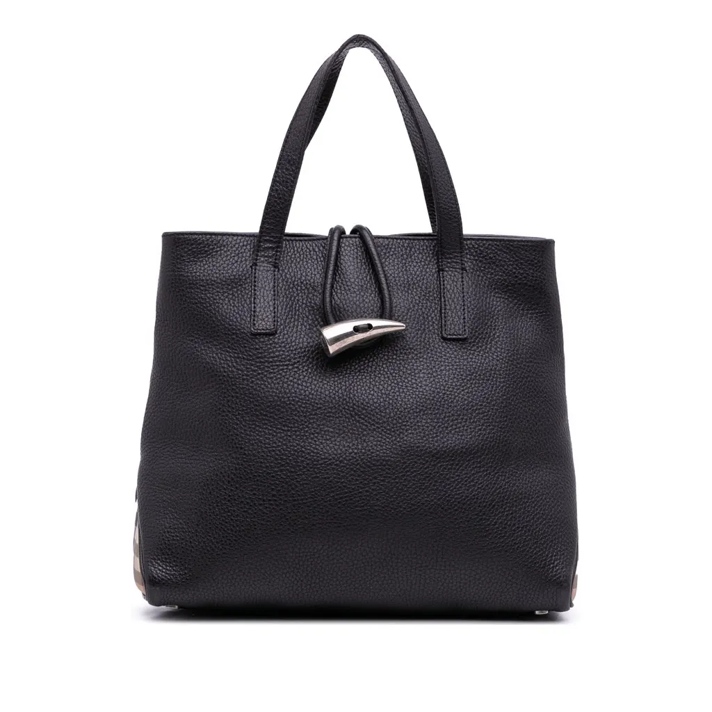 Burberry House Check Trimmed Grainy Calfskin Horn Toggle Tote Black Leather Good - Front View