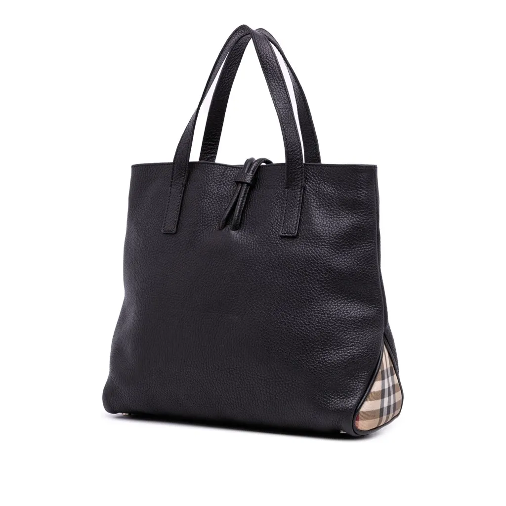 Burberry House Check Trimmed Grainy Calfskin Horn Toggle Tote Black Leather Good - Back View
