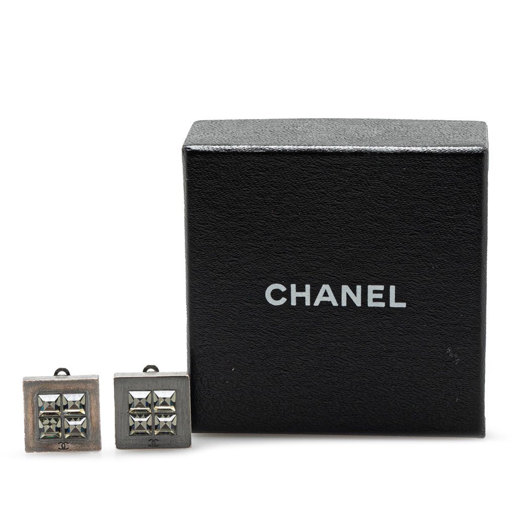 Chanel Silver Plated Square Crystal Clip On Earrings - 4