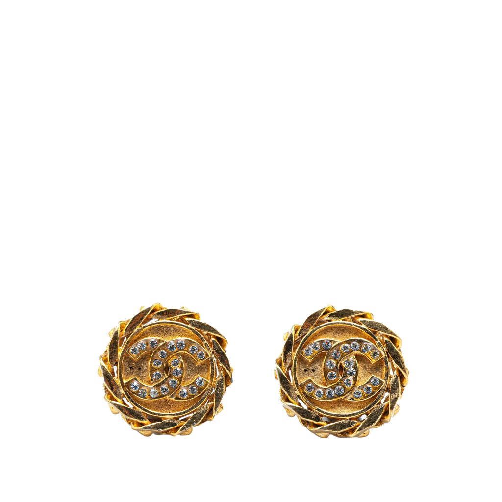 Chanel Gold Plated CC Crystal Clip On Earrings