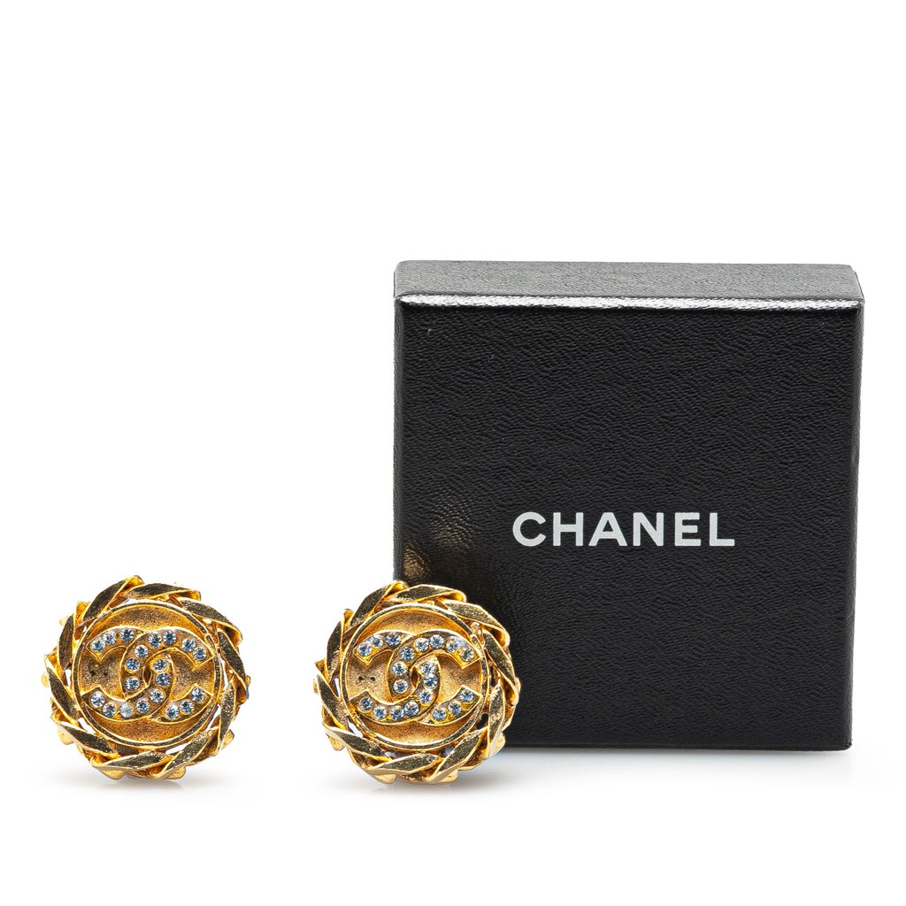 Chanel Gold Plated CC Crystal Clip On Earrings - 4