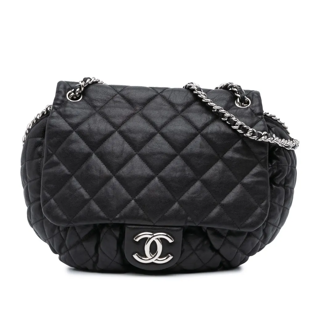Chanel Large Lambskin Chain Around Flap Black Leather Good - Front View