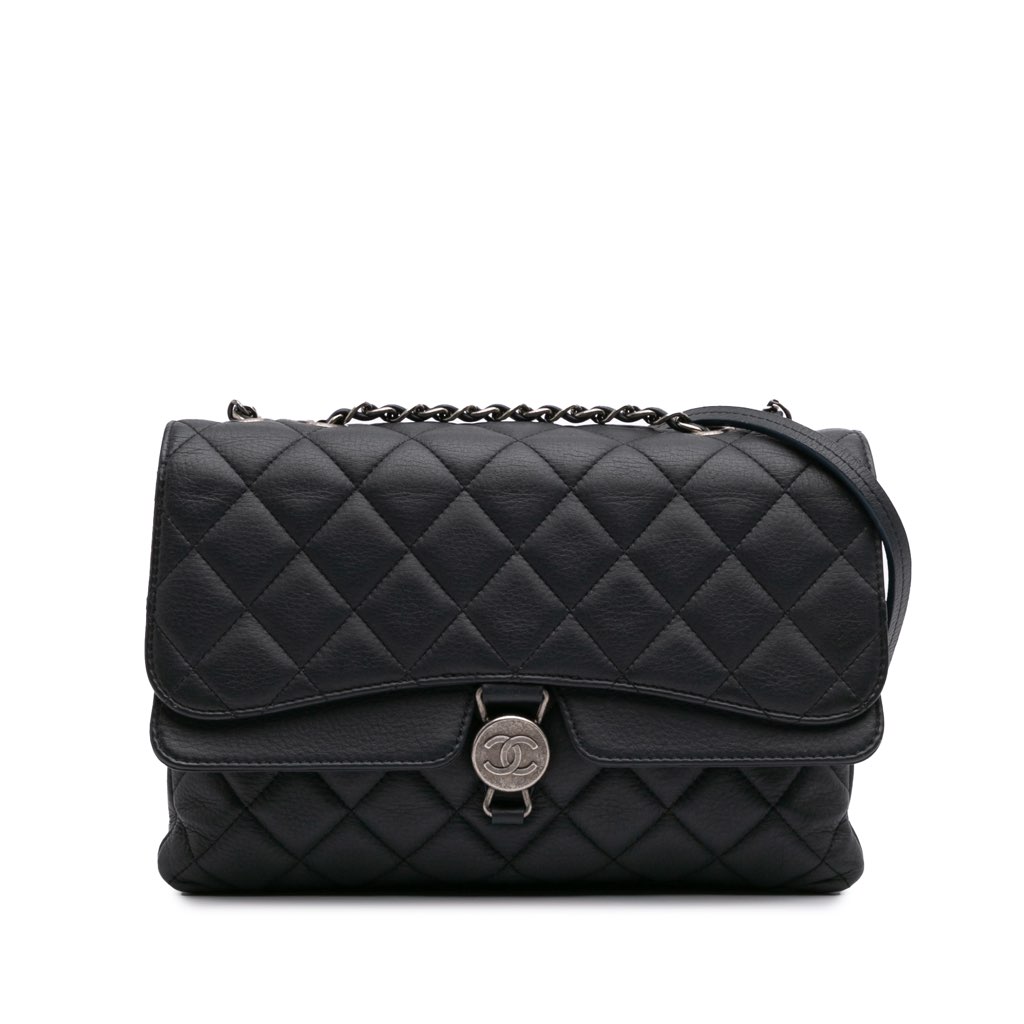 Chanel Small Quilted Grained Calfskin CC Round Clasp Accordion Flap
