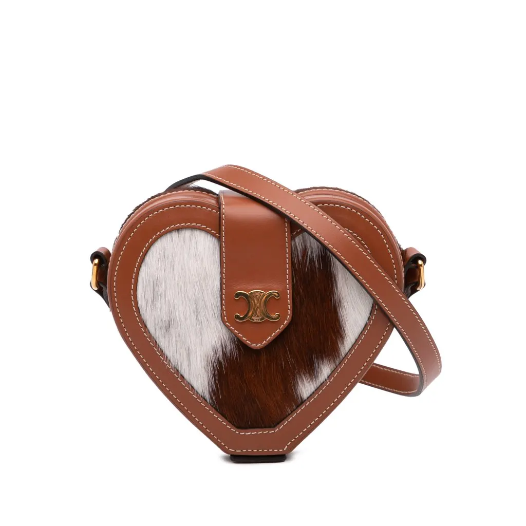 Celine Calfskin and Pony Hair Triomphe Heart Tambour Crossbody Brown Good - Front View