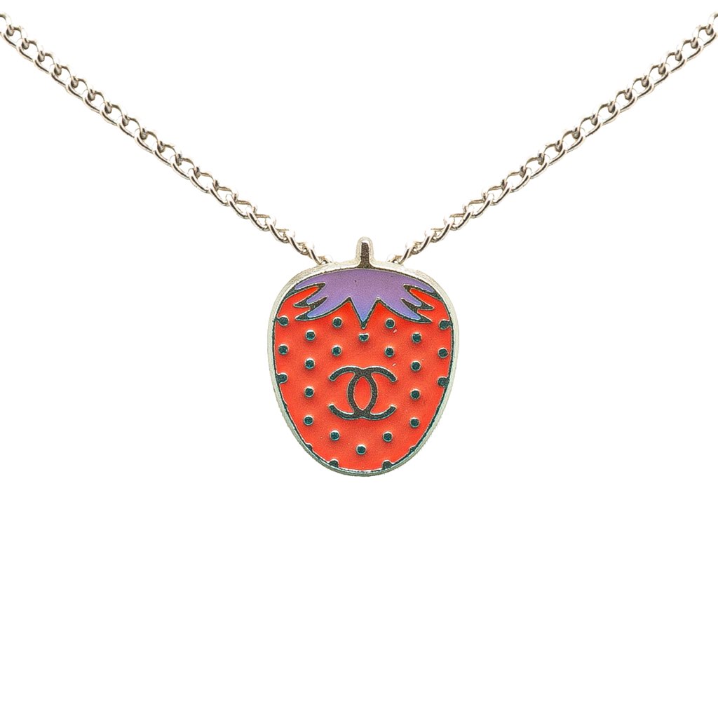 Chanel Silver Plated Enamel CC Strawberry Charm Pendant Necklace