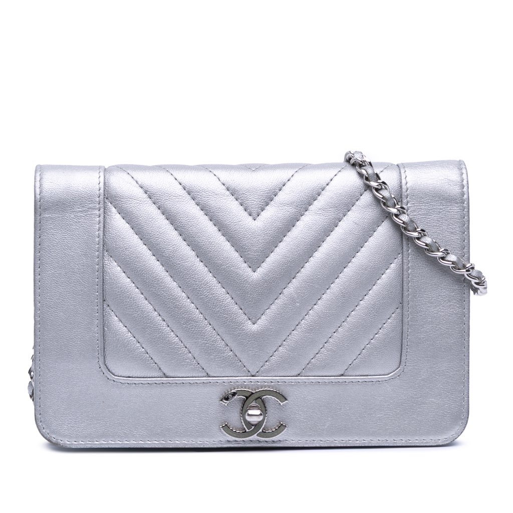 Chanel Chevron Quilted Metallic Lambskin Mademoiselle Wallet On Chain