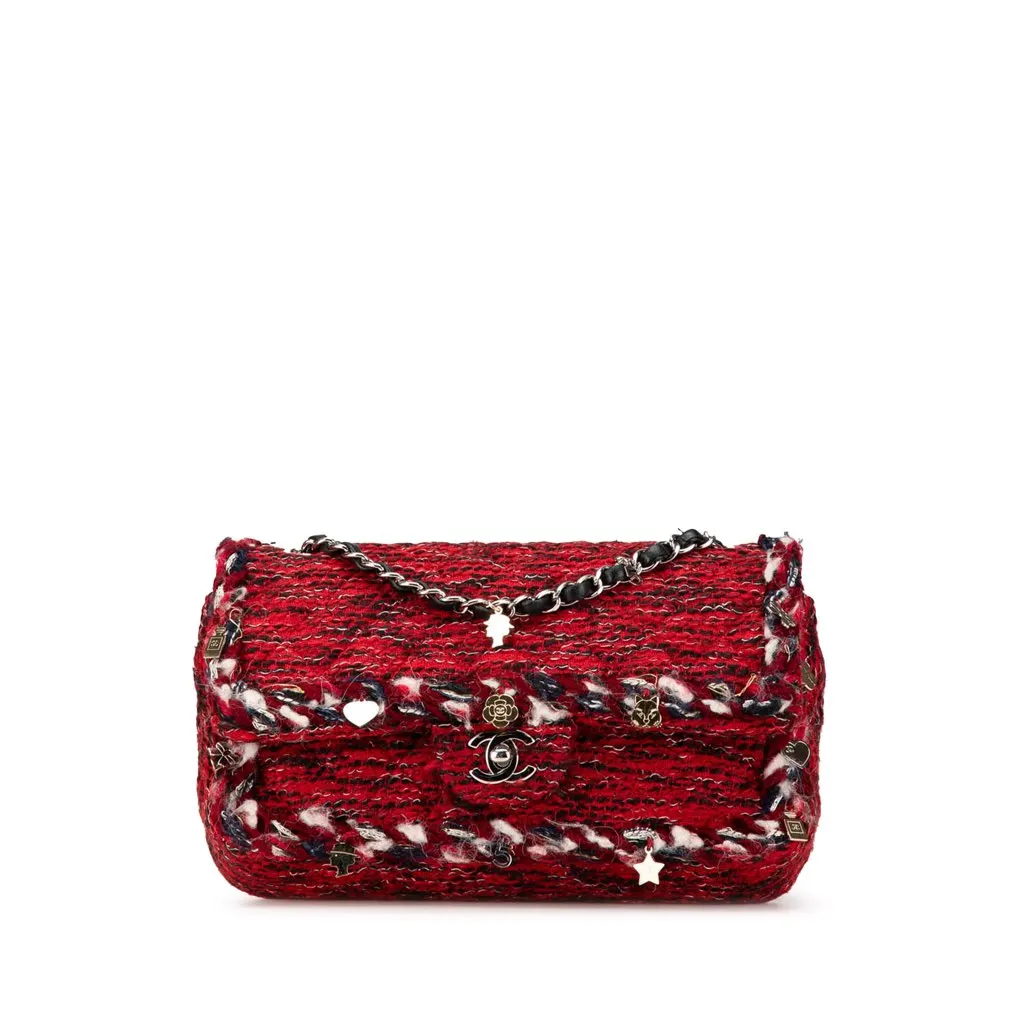 Chanel Medium Tweed Braided Charms Double Flap Red Tweed Good - Front View
