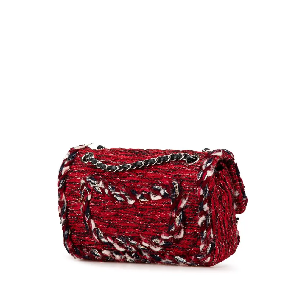 Chanel Medium Tweed Braided Charms Double Flap Red Tweed Good - Back View