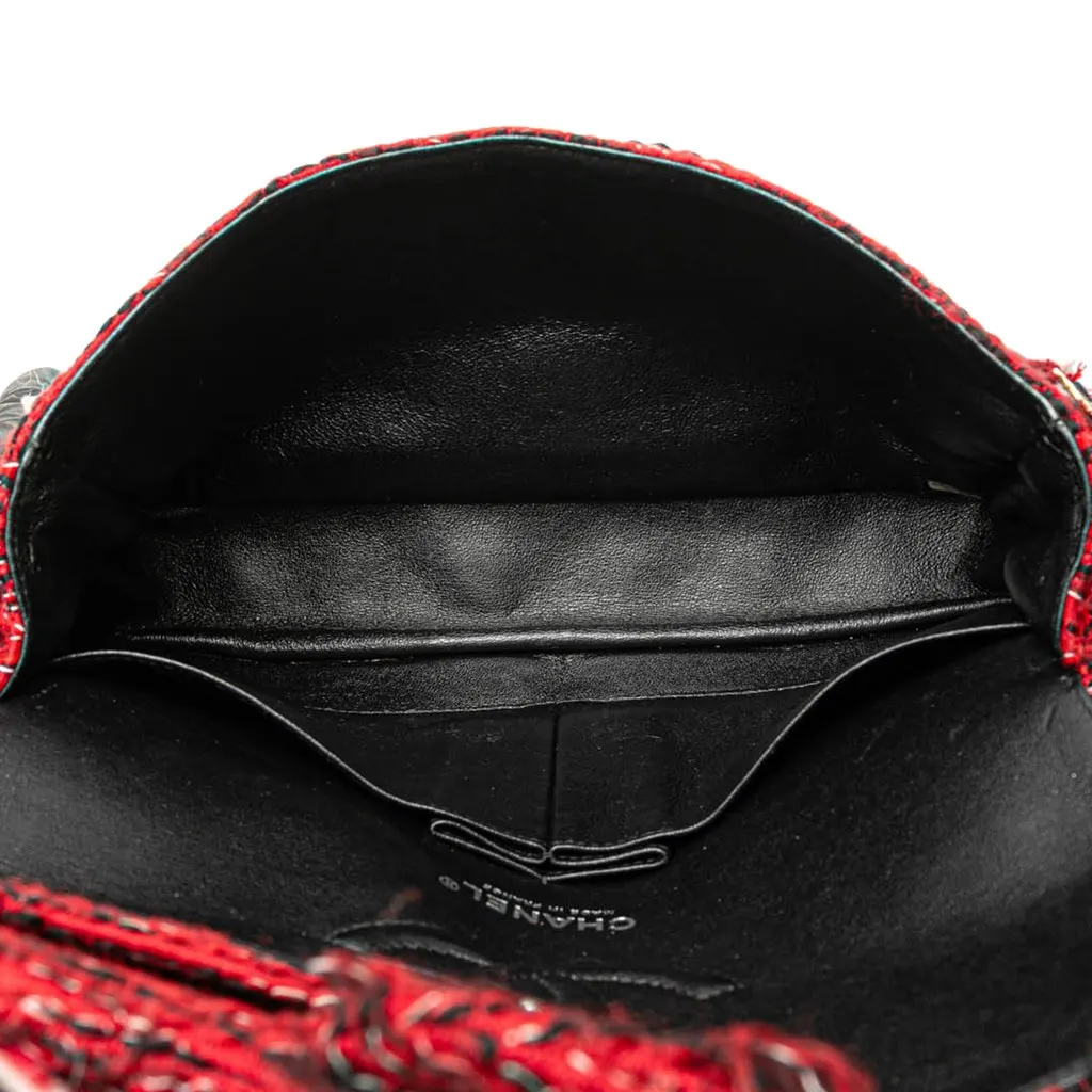 Chanel Medium Tweed Braided Charms Double Flap Red Tweed Good - Model View