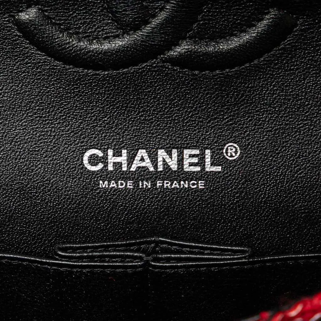 Chanel Medium Tweed Braided Charms Double Flap Red Tweed Good - Box View