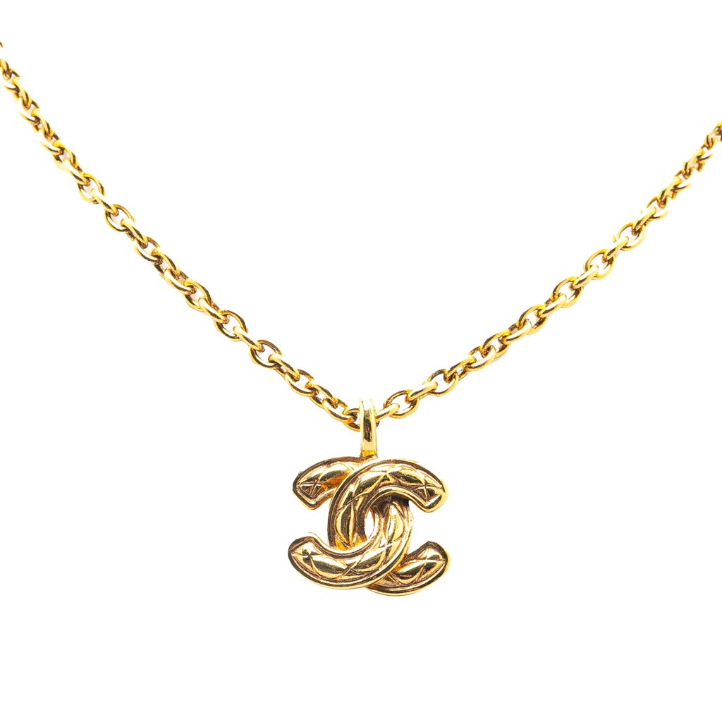 Chanel Gold Plated Quilted CC Pendant Necklace