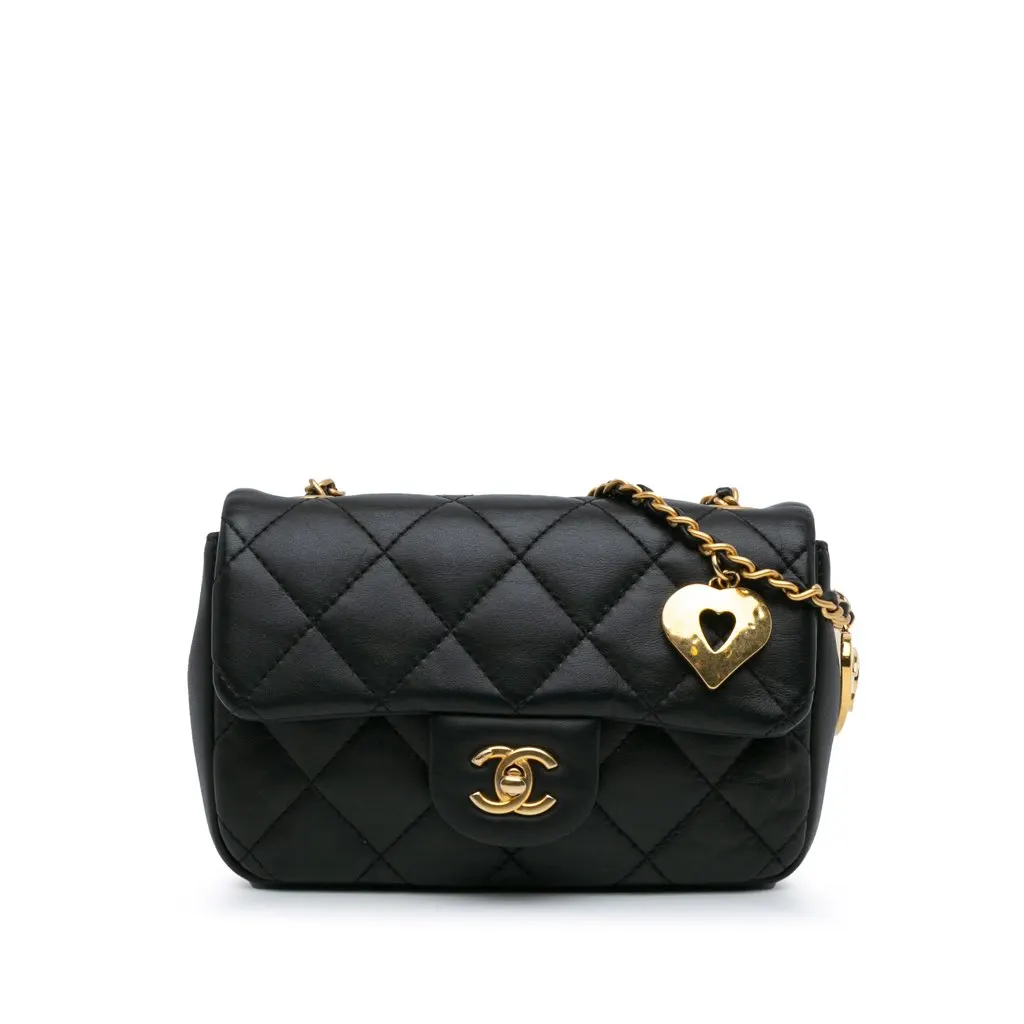 Chanel Mini Rectangular Quilted Lambskin Heart Charms Flap Black Leather Good - Front View