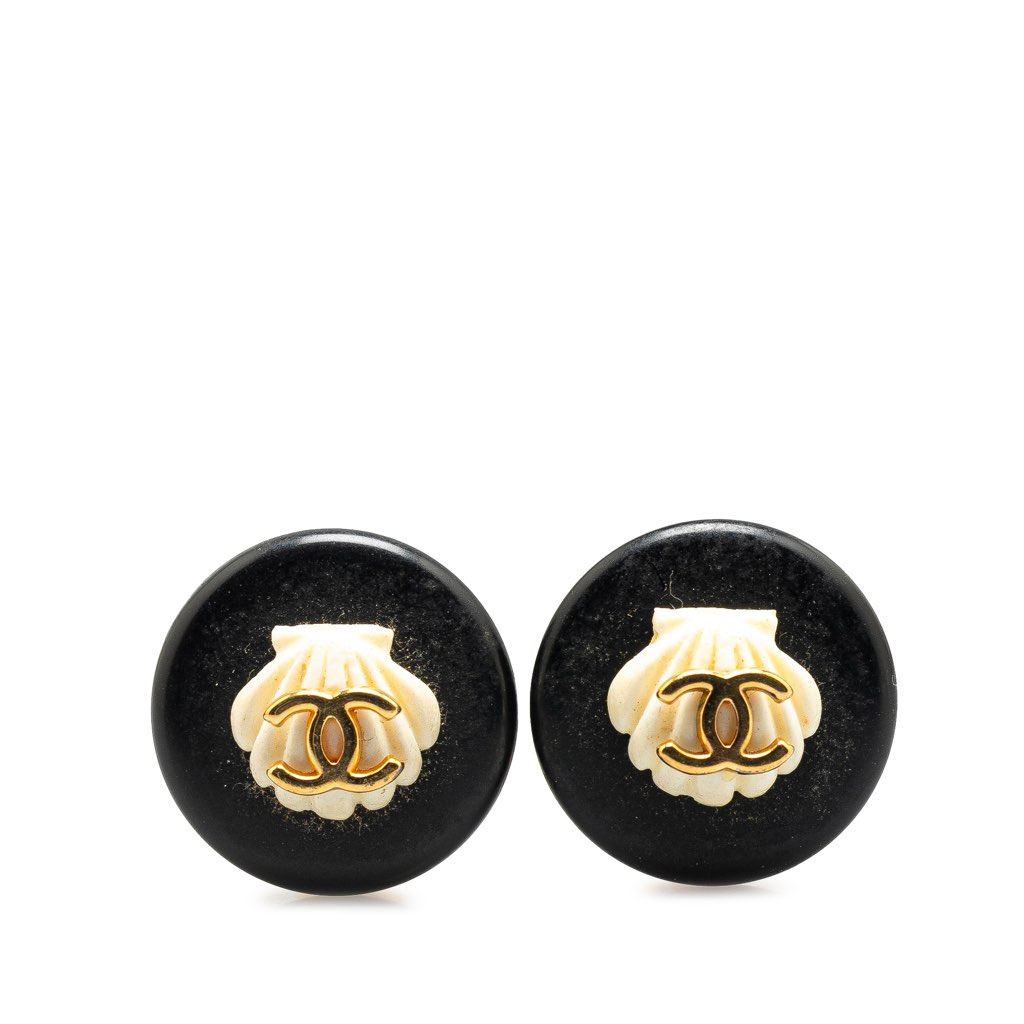 Chanel Resin CC Shell Button Clip On Earrings