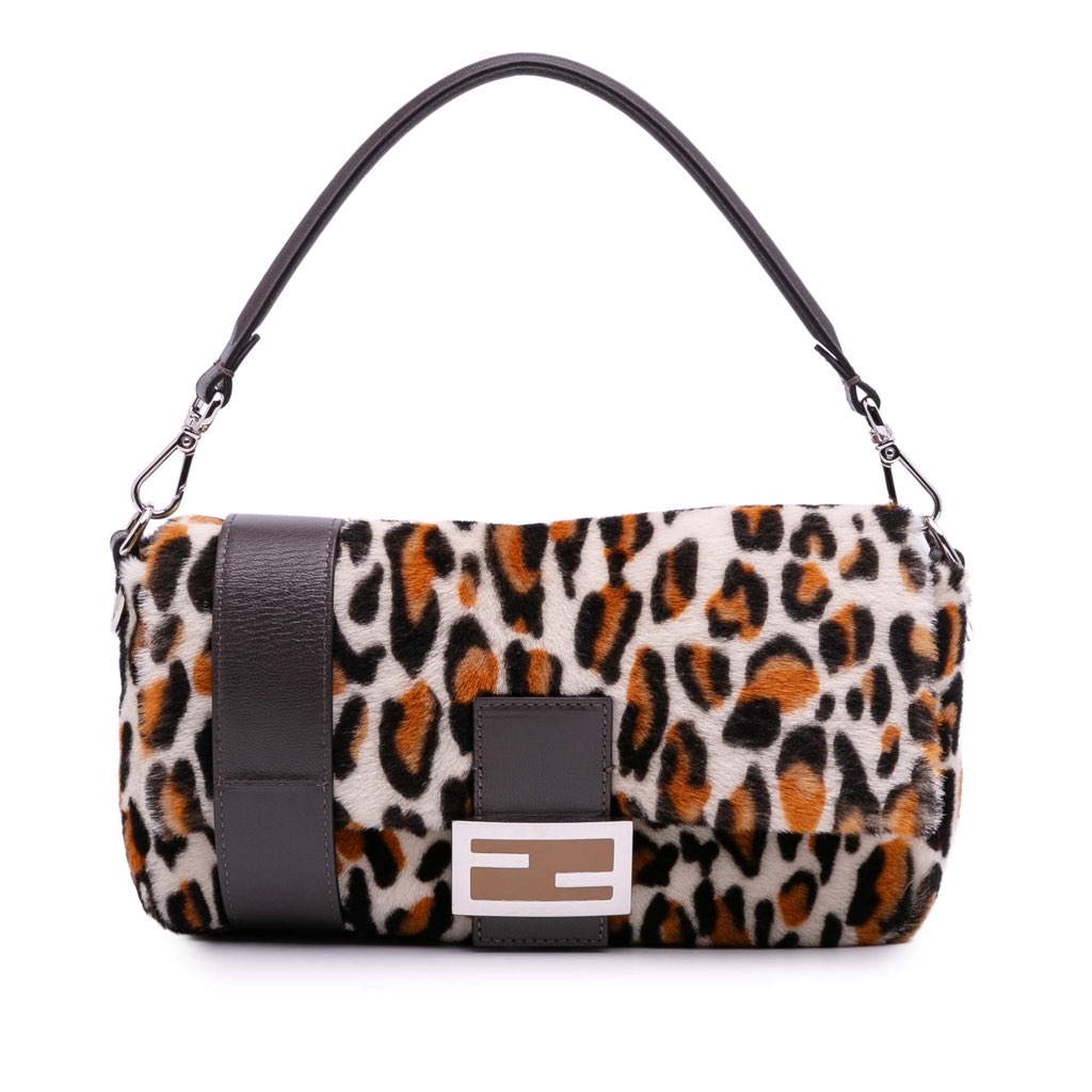 Fendi Leopard Print Calf Hair Baguette Satchel