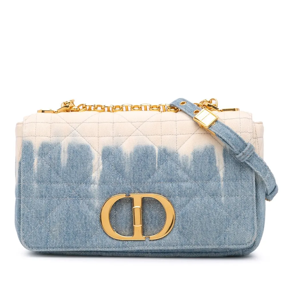 Dior Medium Denim Tie Dye Macrocannage Caro Bag Blue Denim Good - Front View