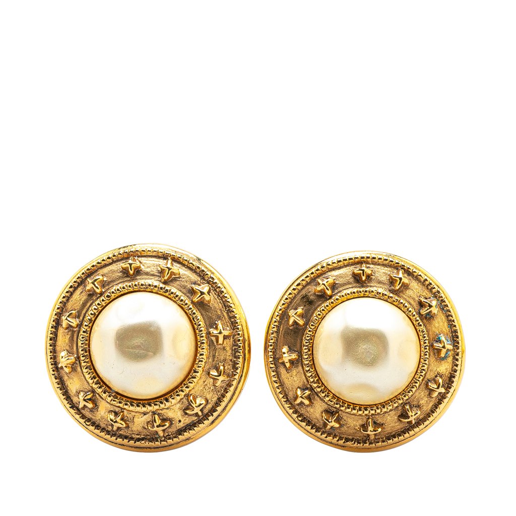 Chanel Gold Plated Faux Pearl Clip on Earrings