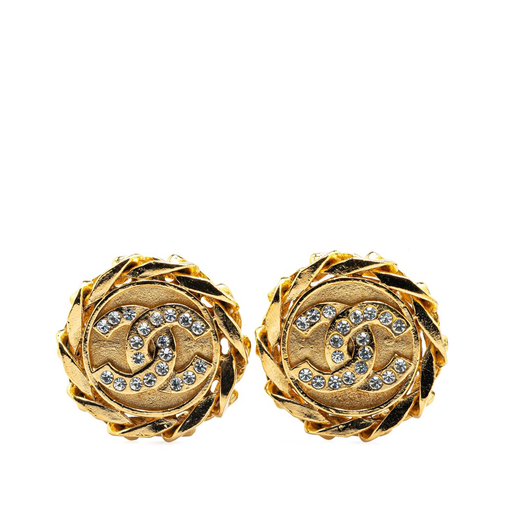 Chanel Gold Plated CC Crystal Clip On Earrings