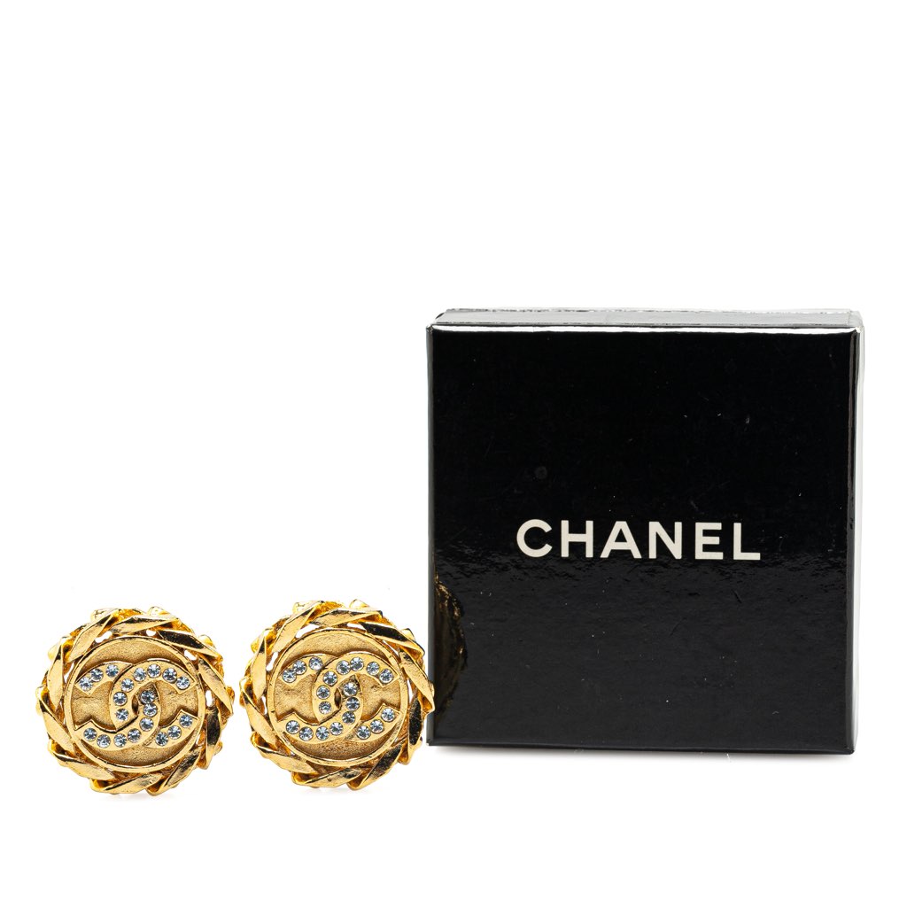 Chanel Gold Plated CC Crystal Clip On Earrings - 4