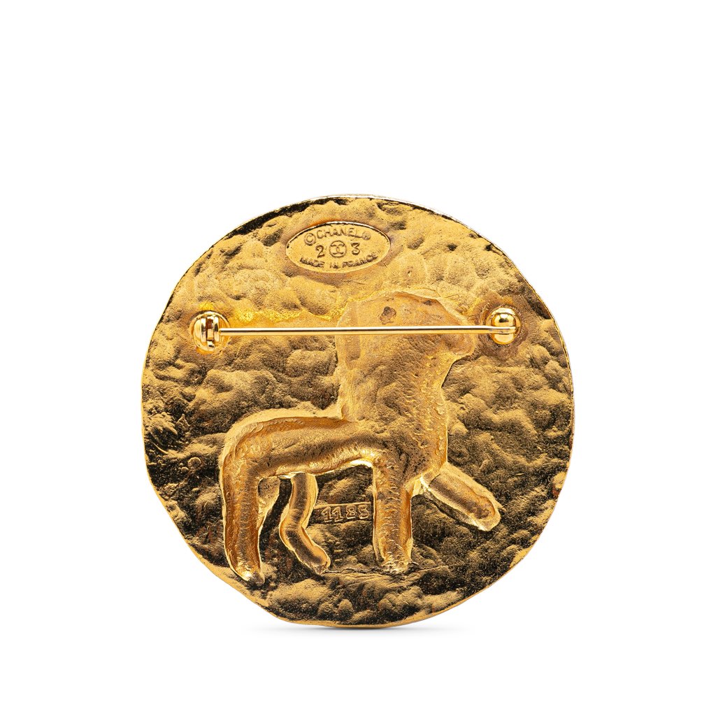 Chanel Gold Plated CC Round Lion Brooch - 2