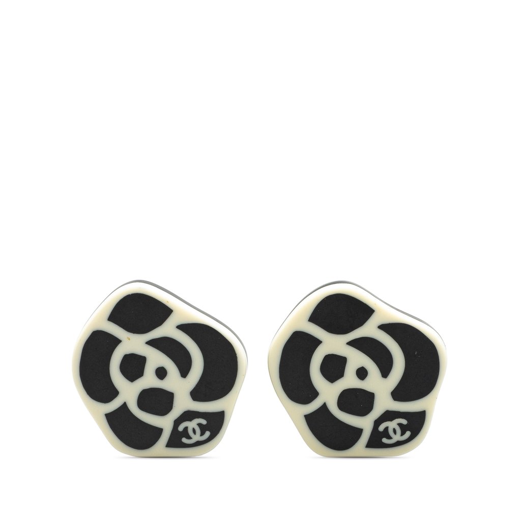 Chanel Resin Gold Plated CC Camellia Clip On Earrings