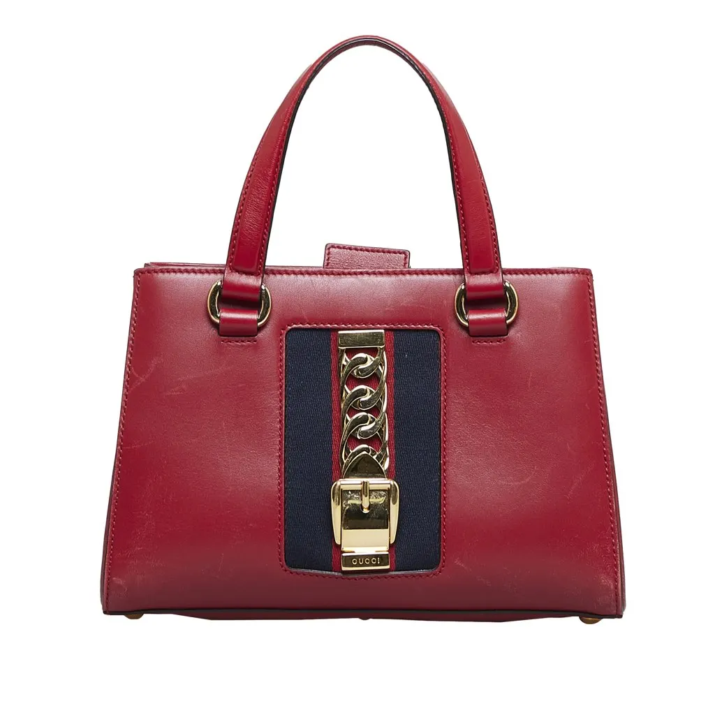 Gucci Sylvie Web Top Handle Satchel Red Leather Good - Front View