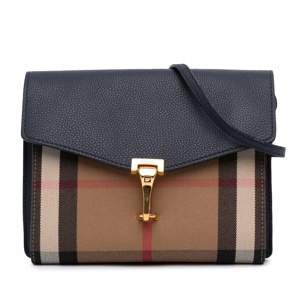 Burberry Small Leather and House Check Canvas Derby Macken Crossbody Blue Canvas Good - Front View