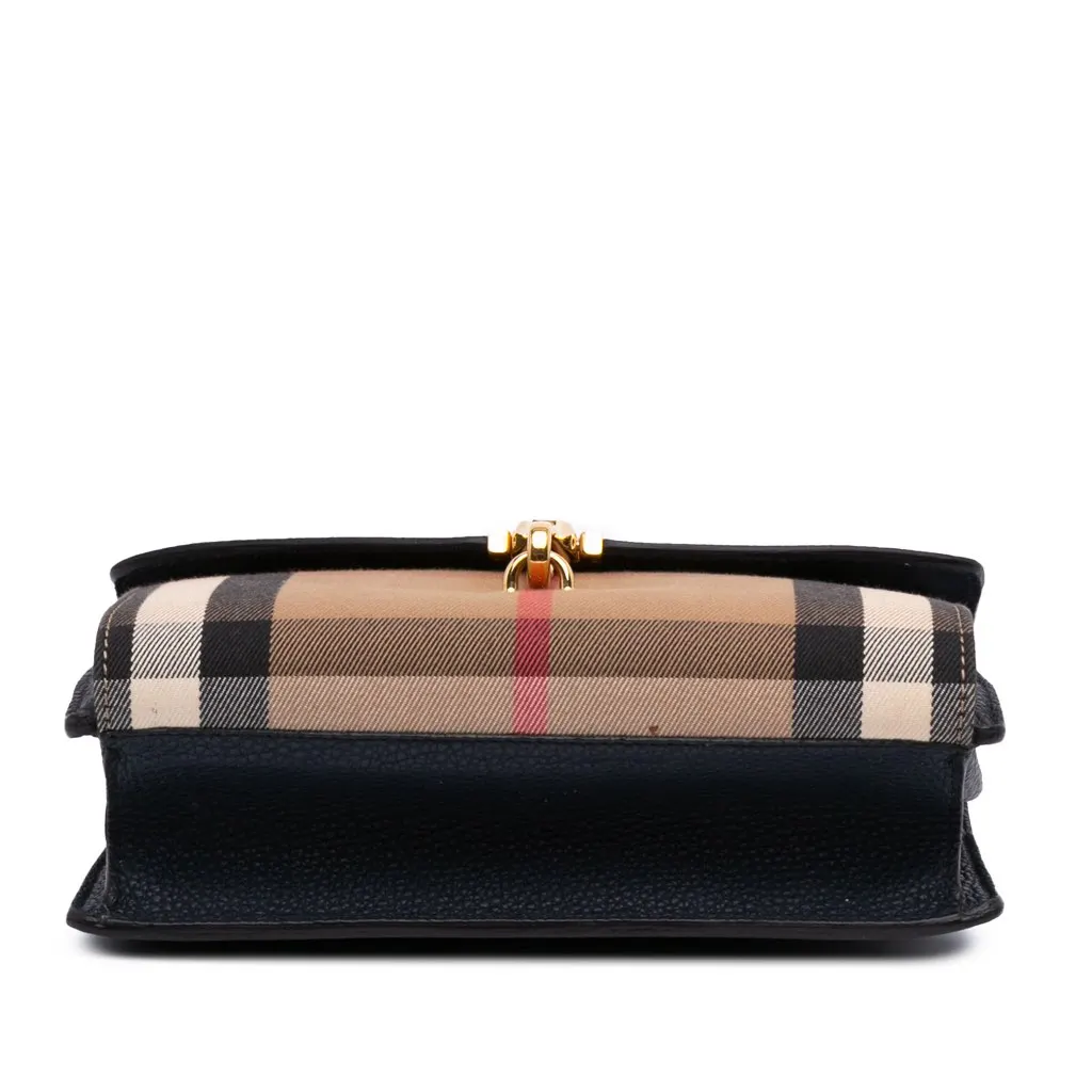 Burberry Small Leather and House Check Canvas Derby Macken Crossbody Blue Canvas Good - Inside View