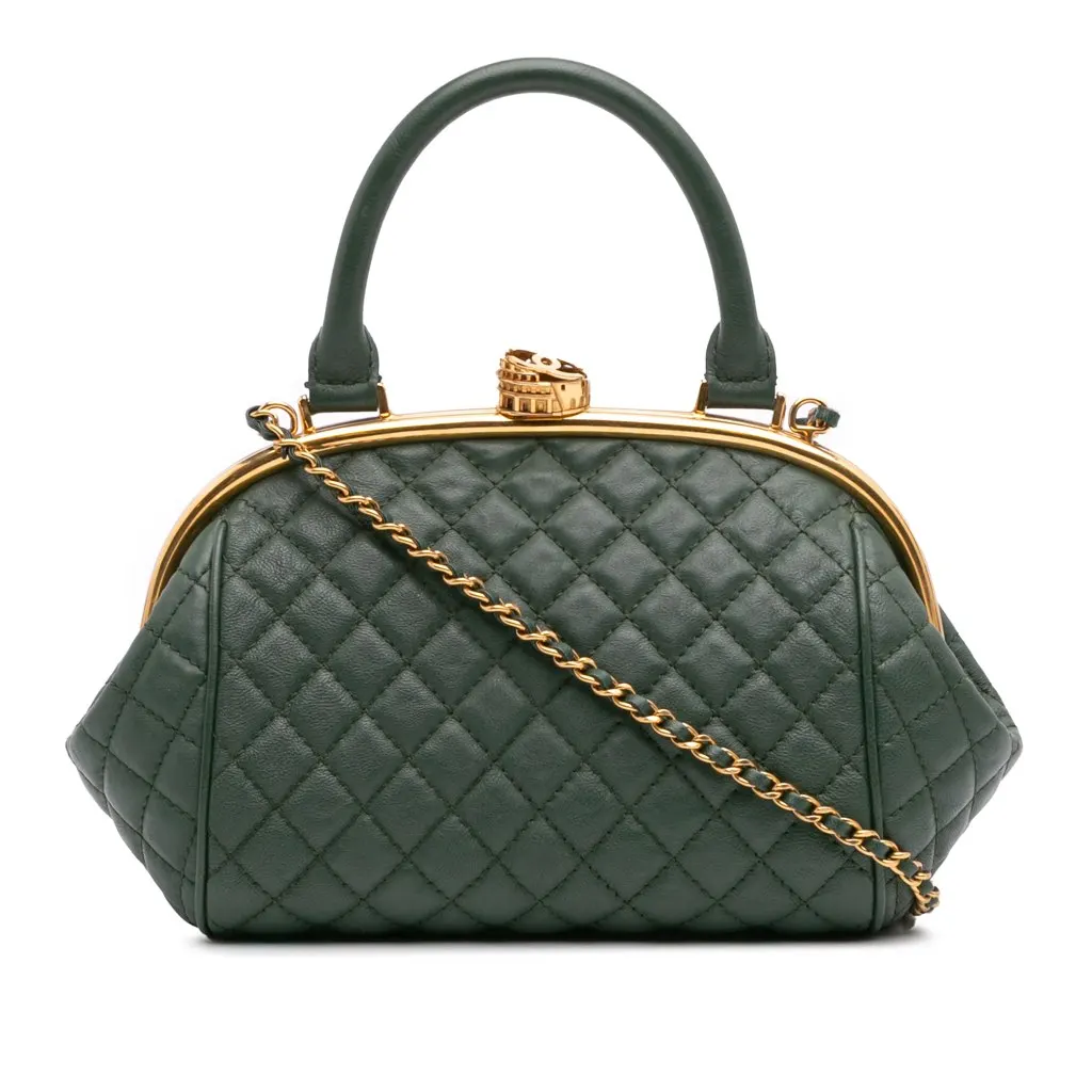 Chanel Small Quilted Calfskin Colosseum Lock Frame Bowling Bag Green Leather Good - Front View