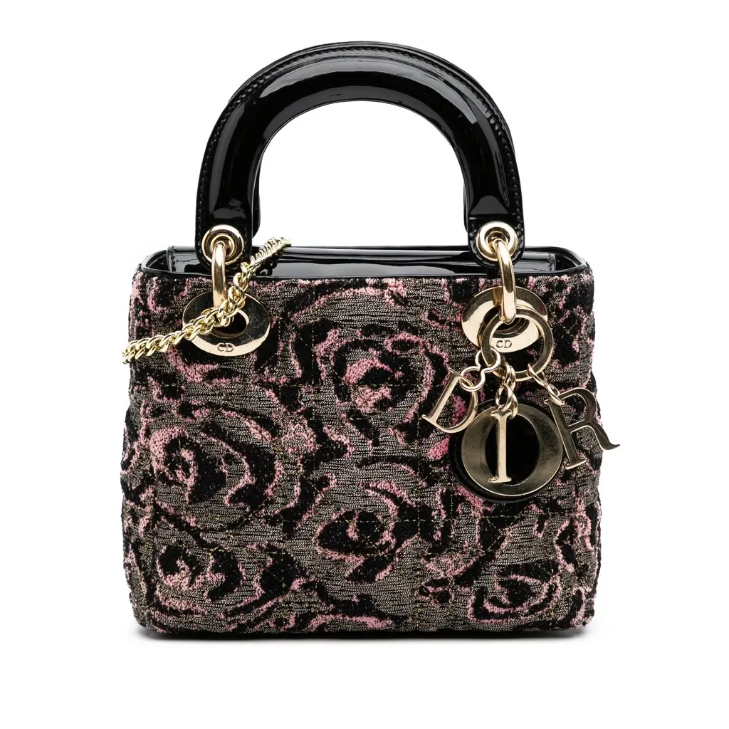 Dior Mini Tweed Rose Embroidered Lady Dior Pink Tweed Good - Front View