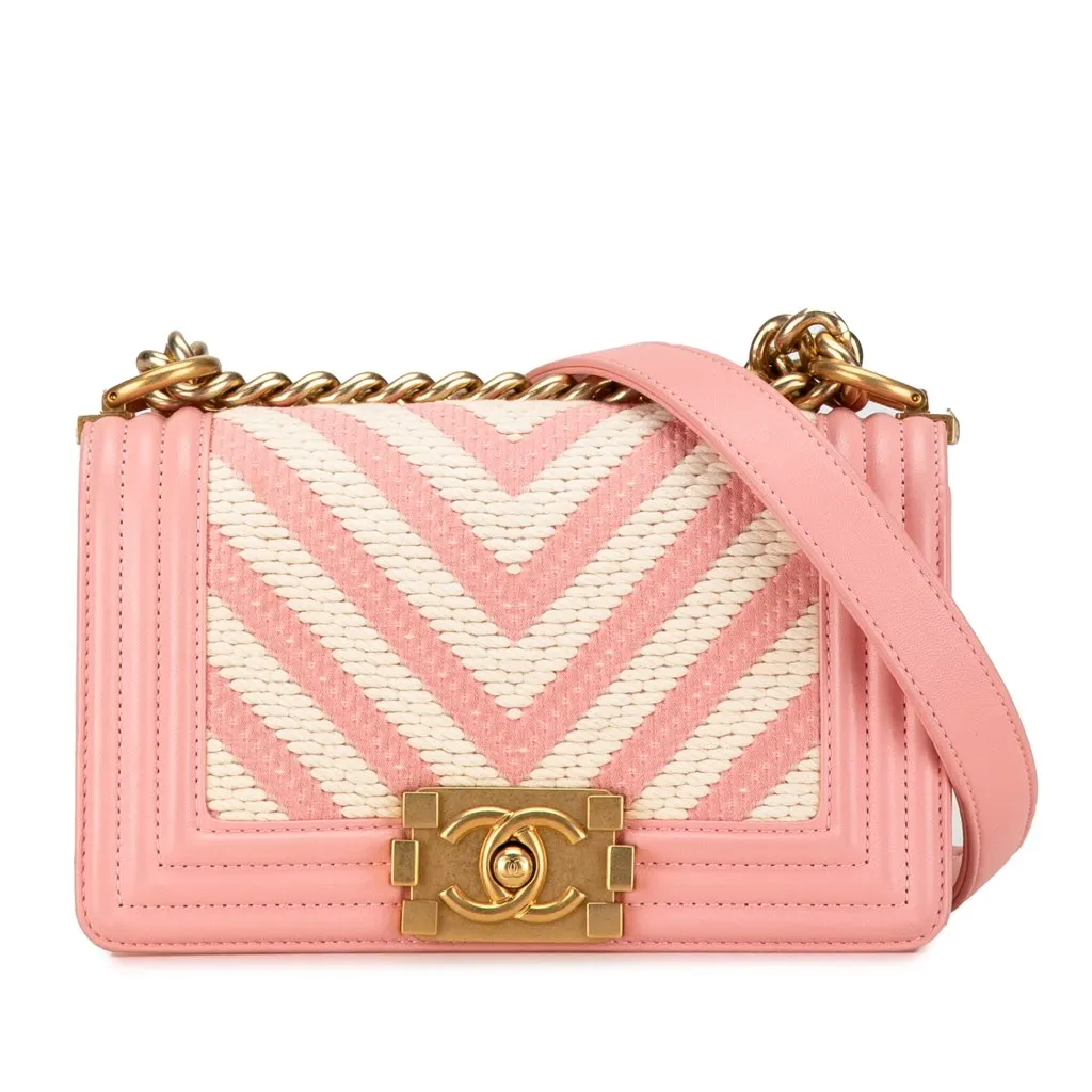 Chanel Small Braided Chevron Cotton and Lambskin Boy Flap Pink Cotton Good - Front View