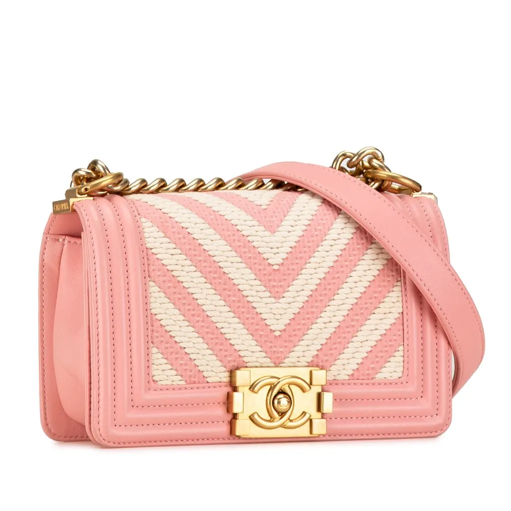 Chanel Small Braided Chevron Cotton and Lambskin Boy Flap Pink Cotton Good - Back View