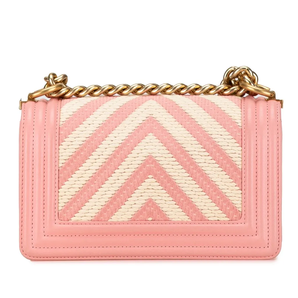 Chanel Small Braided Chevron Cotton and Lambskin Boy Flap Pink Cotton Good - Inside View